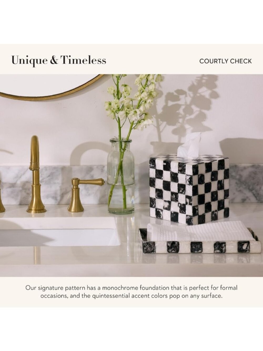 Elegant Rectangular Capiz Vanity Tray - Black & White Check Decor Accent - Picture 4 of 6